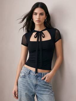 Outzidr - Black Fitted Mesh Neck Tie Up Detail Top