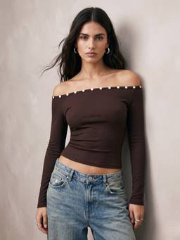 Outzidr - Brown Off Shoulder Button Studded Fitted Top