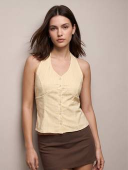Outzidr - Yellow Striped Button Down Halter Neck Top