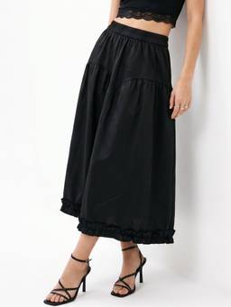 Outzidr - Black A-Line Frilled Hem Skirt