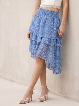 Outzidr - Blue Floral Printed Asymmetric Skirt