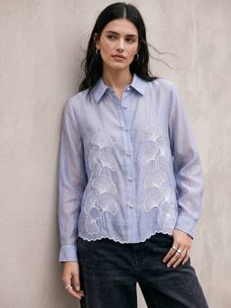Outzidr - Blue Button Down Scalloped Hem and Floral Embellishments Shirt