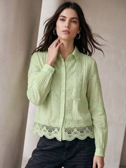 Outzidr - Green Button Down Scalloped Lace Hem and Ladder Lace Details Shirt