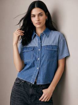 Outzidr - Blue Colour Block Denim Partial Stripes Shirt