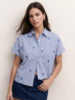Outzidr - Blue Relaxed Dolman Fit Embroidered Stripe Shirt