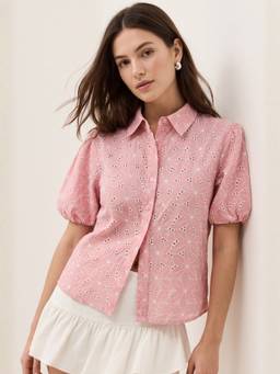 Outzidr - Pink Regular Fit Schiffli Balloon Sleeves Shirt