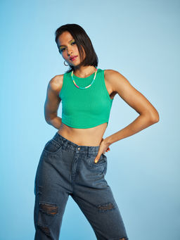 MIXT by Nykaa Fashion - Dark Green Round Neck Crop Top