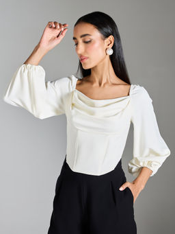 RSVP by Nykaa Fashion - White Solid Cowl Neck Puff Sleeve Crop Corset Top