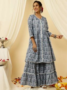 Jaipur Kurti - Blue Floral Print Flared Kurta With Sharara (Set of 2)