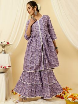 Jaipur Kurti - Lavender Floral Print Flared Kurta With Sharara (Set of 2)