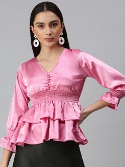 SHOWOFFFF - Women V-Neck Three Fourth Sleeves Ruffled Pink Top