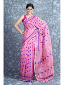 CHARUKRITI - Golden Zari Weaving Pink Jamdani Saree with Unstitched Blouse