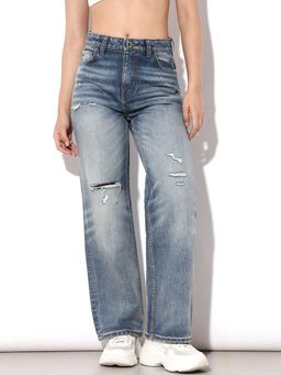 ONLY - Blue High Rise Distressed Straight Fit Jeans