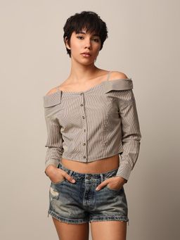 ONLY - Olive Striped Shoulder Straps Shirt
