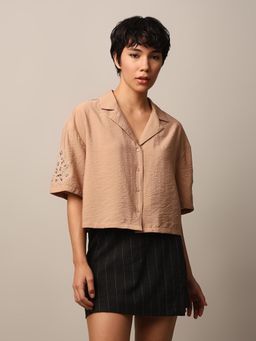 ONLY - Brown Self Design Insert Sleeves Shirt
