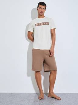 Styli - Mens Brown Typography Print T-Shirt with Shorts