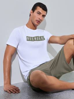 Styli - Mens Olive Typography Print T-Shirt with Shorts