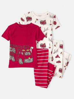 Carter's - Boys Multi-Color Firetruck Striped Cotton T-shirts & Pyjamas (Pack of 2)