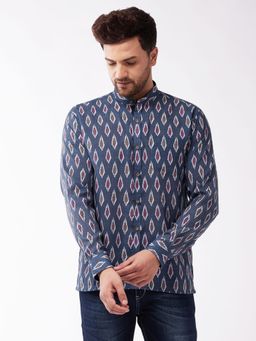 Vastramay - Mens Blue Base & Multi Color Print Cotton Blend Ethnic Shirt