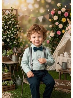 Blabber - Boys Green Polycotton Solid Shirt with Suspender and Bow