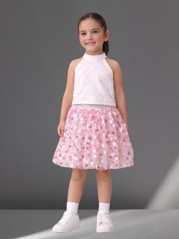 Lil Drama - Girls White Polyester Self Design Top with Skirt