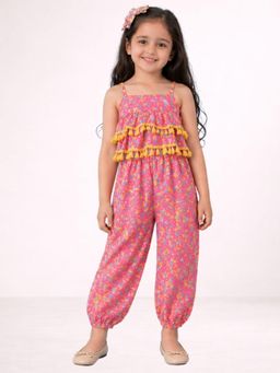 Lil Drama - Girls Orange Rayon Printed Jumpsuit