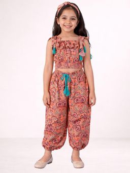Lil Drama - Girls Orange Rayon Printed Top with Pant