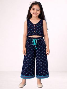 Lil Drama - Girls Navy Blue Rayon Printed Top with Pant