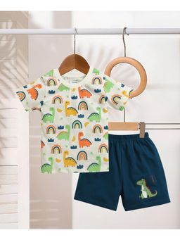 Bumzee - Boys Off White Cotton Printed T-Shirt with Short