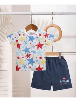 Bumzee - Boys White Cotton Printed T-Shirt with Short