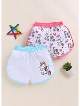 Bumzee - Girls White Cotton Printed Shorts (Pack of 2)