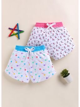 Bumzee - Girls White Cotton Printed Shorts (Pack of 2)
