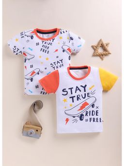 Bumzee - Boys White Cotton Printed T-Shirts (Pack of 2)
