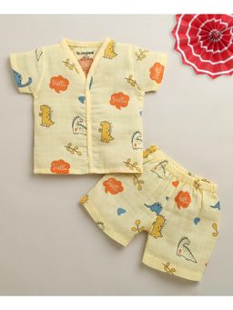 Bumzee - Boys Yellow Muslin Printed Jabla with Short