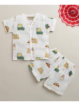 Bumzee - Boys White Muslin Printed Jabla with Short