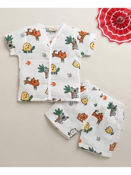 Bumzee - Boys White Muslin Printed Jabla with Short