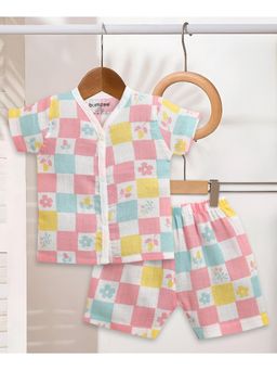 Bumzee - Girls Multi-Colour Muslin Floral Jabla with Short