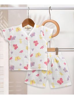 Bumzee - Girls White Muslin Printed Jabla with Short