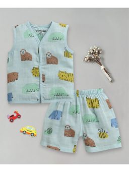 Bumzee - Boys Blue Muslin Printed Jabla with Short