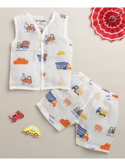 Bumzee - Boys White Muslin Printed Jabla with Short