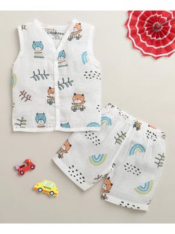 Bumzee - Boys White Muslin Printed Jabla with Short