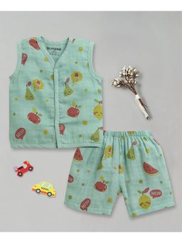 Bumzee - Girls Green Muslin Printed Jabla with Short