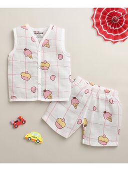 Bumzee - Girls White Muslin Printed Jabla with Short