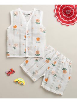 Bumzee - Girls White Muslin Floral Jabla with Short