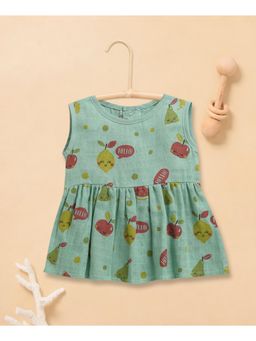 Bumzee - Girls Green Muslin Printed Dress