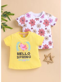 Bumzee - Girls Yellow Cotton Floral T-Shirts (Pack of 2)
