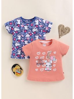 Bumzee - Girls Orange Cotton Printed T-Shirts (Pack of 2)
