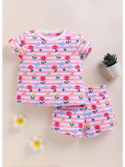 Bumzee - Girls White Cotton Floral T-Shirt with Short