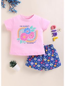 Bumzee - Girls Pink Cotton Floral T-Shirt with Short