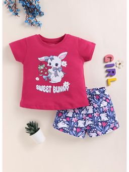 Bumzee - Girls Pink Cotton Printed T-Shirt with Short